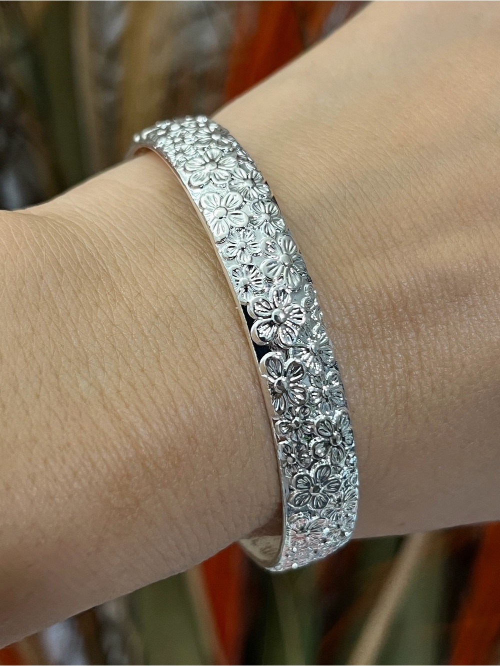 S925 Silver flowers bangle cuff Bracelet with Heart Sutra